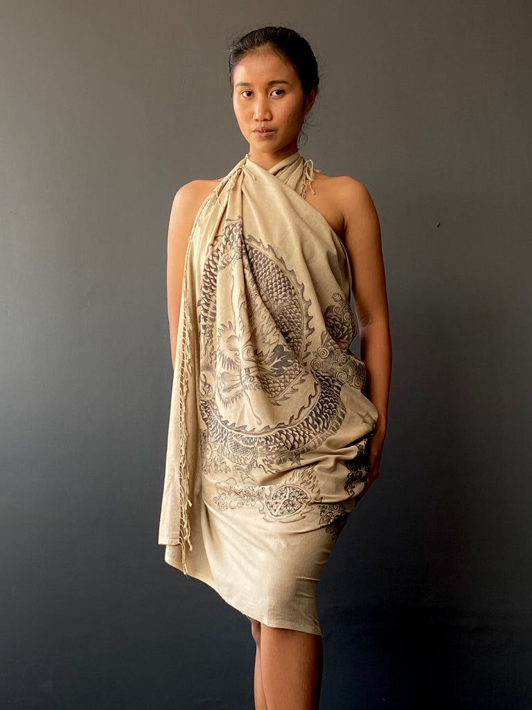 Dragon Handpainted Plant Dyed Handwoven Cotton Scarf | Mocha