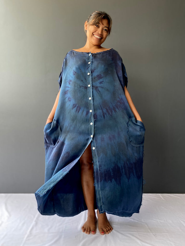 Tara Plant Dyed Silk Maxi Dress | Swirl Blue