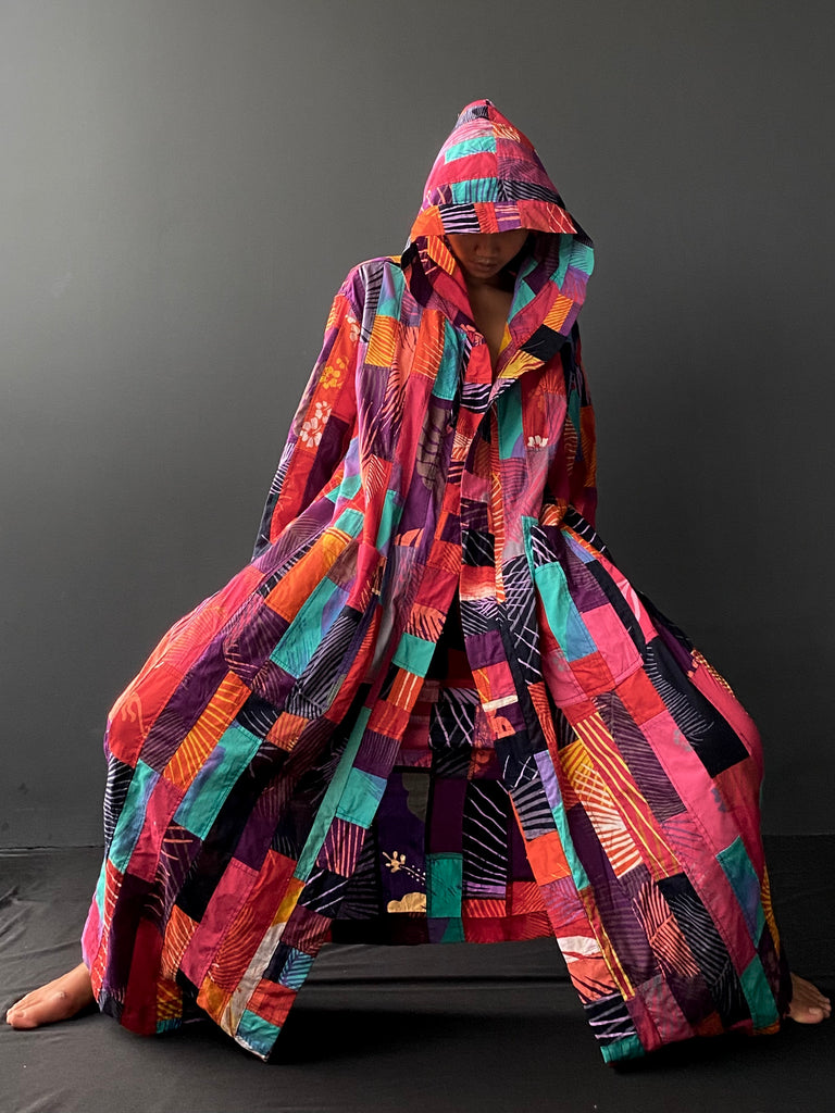 Natali Upcycled Patchwork Hooded Long Kimono Wrap