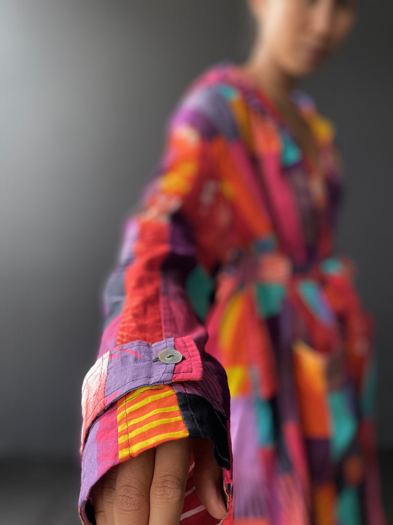 Natali Upcycled Patchwork Hooded Long Kimono Wrap