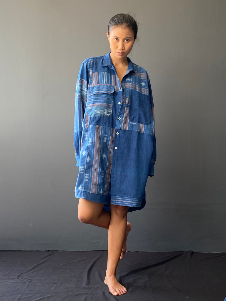 Mikaela Upcycled Patchwork Plant Dyed Oversized Shirt | Ikat Blues